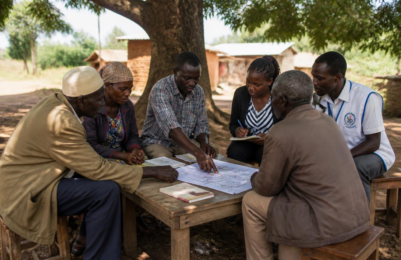 Community leaders, health workers and programme staff planning together around a table of maps and notes