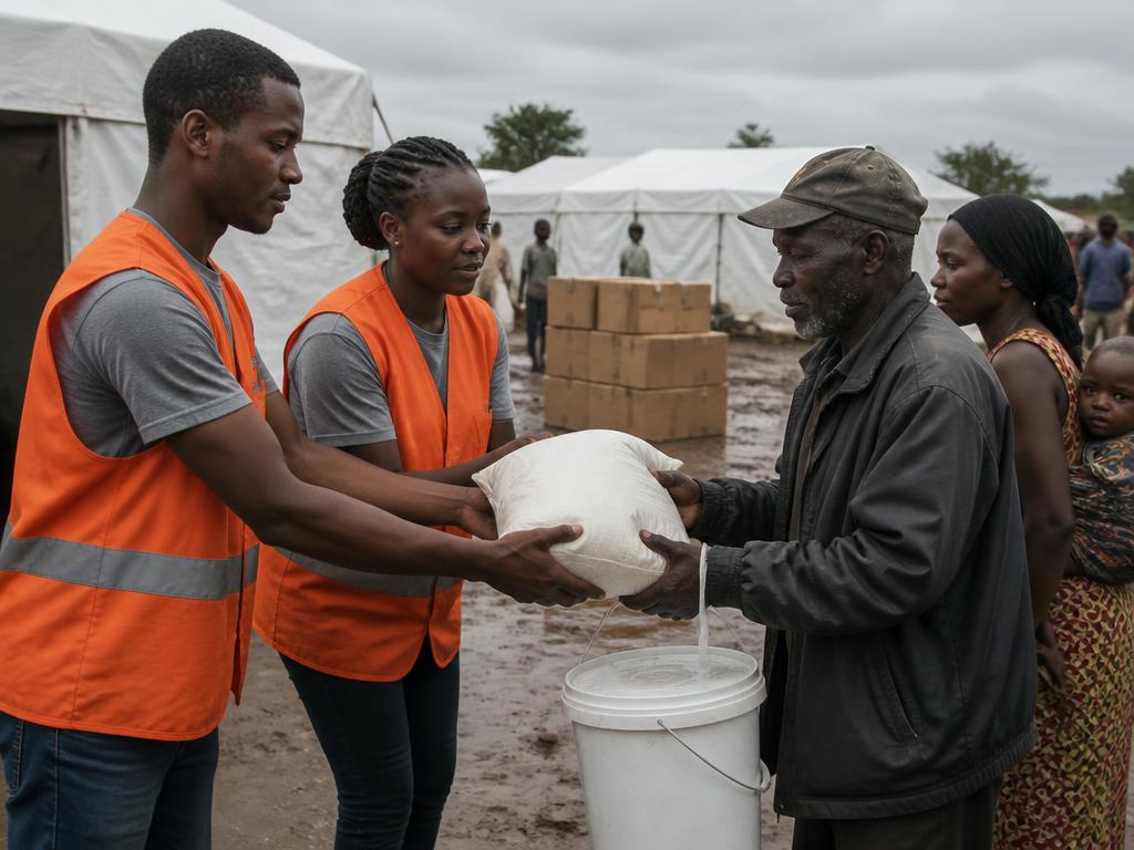 Aid workers and local volunteers unloading relief supplies from a truck for affected families